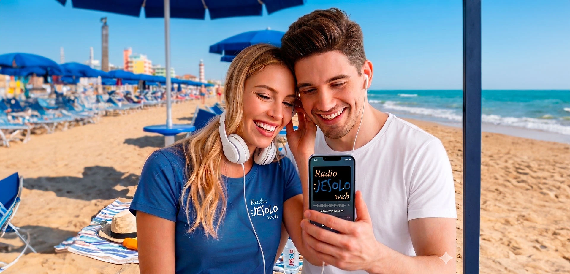 Due ragazzi in spiaggia a Jesolo che ascoltano Radio Jesolo Web da Smartphone
