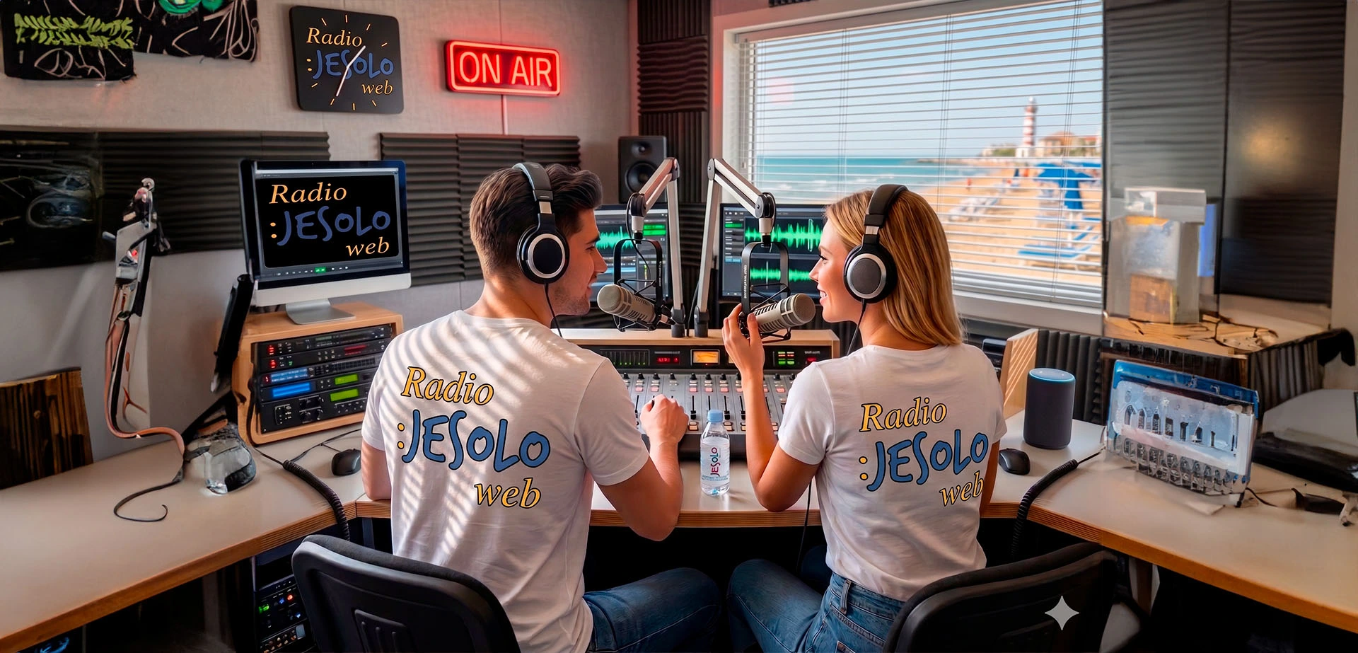 Due speaker di Radio Jesolo Web visti di spalle nello studio di diretta